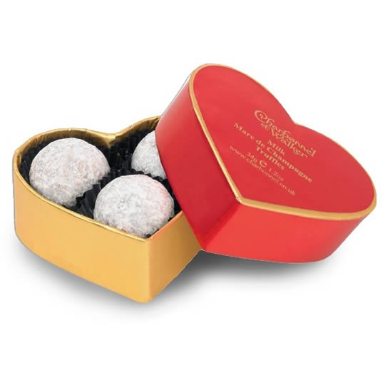Buy Charbonnel et Walker Milk Marc de Champagne Chocolate Truffles Mini Red Heart Shaped Chocolate Box 34g from choctrade A red and gold heart shaped chocolate box with milk chocolate Marc de Champagne truffles inside.