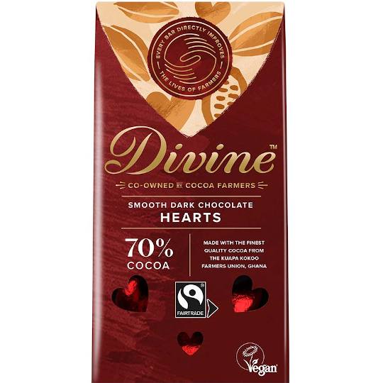 Buy Divine 70% Dark Chocolate Hearts 80g from ethicalsuperstore Divine 70% Dark Chocolate Hearts 80g