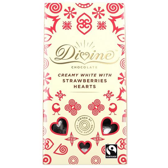 Buy Divine White Chocolate Hearts with Strawberry 80g from ethicalsuperstore Divine White Chocolate Hearts with Strawberry 80g