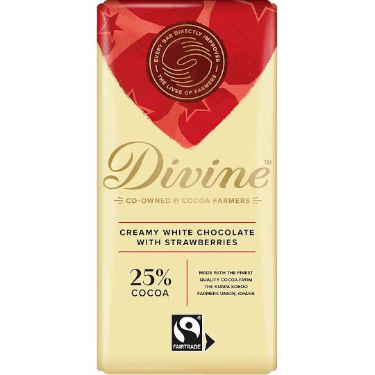 Buy Divine White Chocolate with Strawberries Chocolate Bar 90g from ethicalsuperstore Divine White Chocolate with Strawberries Chocolate Bar 90g