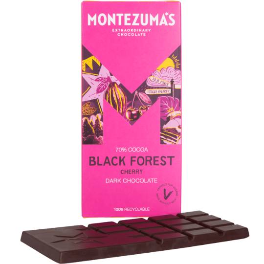 Buy Montezuma’s Black Forest 70% Cocoa Dark Chocolate Bar with Cherry 90g from montezumas Montezuma’s Black Forest 70% Cocoa Dark Chocolate Bar with Cherry 90g
