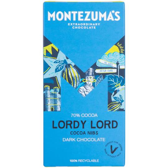 Buy Montezuma’s Dark Chocolate Lordy Lord with Cocoa Nibs Chocolate Bar 90g from montezumas Montezuma’s Dark Chocolate Lordy Lord with Cocoa Nibs Chocolate Bar 90g