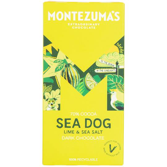 Buy Montezuma’s Dark Chocolate Sea Dog with Lime & Sea Salt Chocolate Bar 90g from montezumas Montezuma’s Dark Chocolate Sea Dog with Lime & Sea Salt Chocolate Bar 90g