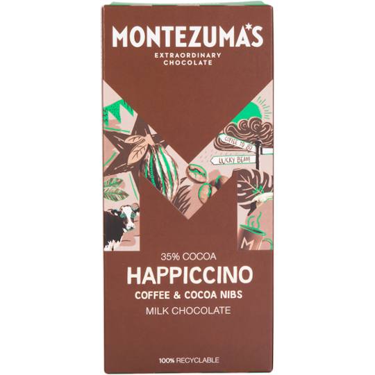 Buy Montezuma’s Happiccino 35% Cocoa Milk Chocolate Bar with Coffee & Cocoa Nibs 90g from montezumas Montezuma’s Happiccino 35% Cocoa Milk Chocolate Bar with Coffee & Cocoa Nibs 90g