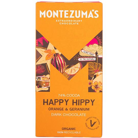 Buy Montezuma’s Happy Hippy 74% Cocoa Dark Chocolate with Orange & Geranium 90g from montezumas Montezuma’s Happy Hippy 74% Cocoa Dark Chocolate with Orange & Geranium 90g