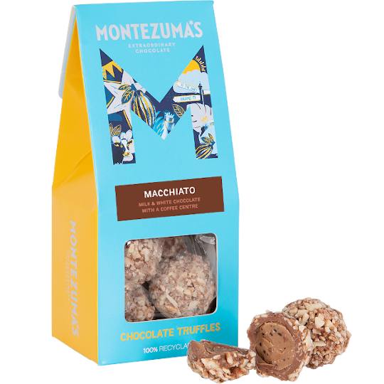 Montezuma's Macchiato Milk & White Chocolate Truffles with a Coffee centre, presented in a 100% recyclable box.