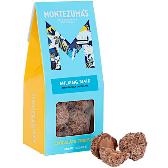 Montezuma's Milking Maid Milk Chocolate Truffles, simple yet creamy milk chocolate truffles in a ribbon tied bag.